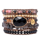 YGLINE Women Boho Handmade Natural Stone Crystal Leather Bead Wrap Bracelets Collection - color: Oynx