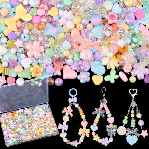 200-260PCS TINKRSTUFF Assorted Acrylic Beads Macaroon Cute Beads for Bracelet Making, Bow Aesthetic Flower Butterfly GummyBear Kawaii Charms for Jewelry Necklace Making DIY Keychain Phone Charm - color: Macaroon Color-150g
