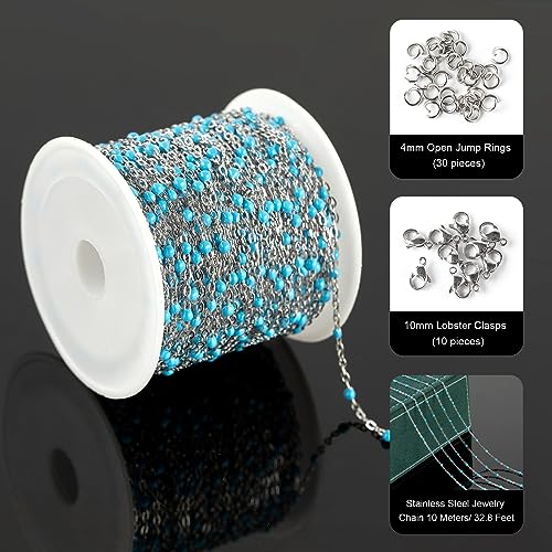 UMAOKANG 33 Feet/10M Stainless Steel Chain for Jewelry Making Light Blue Enamel Beaded Chain Bulk with Lobster Clasps and Jump Rings - color: Light Blue Bead-Steel