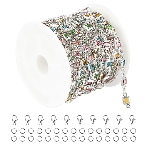 KYUNHOO 13 Feet Brass Jewelry Chain Bulk Mixed Color Rhinestones Chain for Jewelry Making with Lobster Clasps and Jump Rings Square Glass Bead Link Chain Women Necklace Anklet DIY Craft Chain - color: Square Bead-Silver