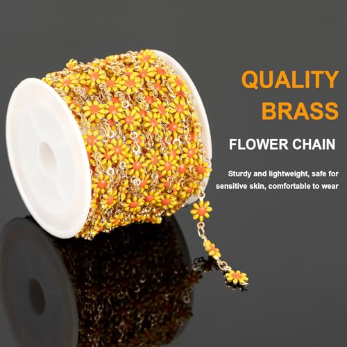 KYUNHOO 16.4FT/5M Jewelry Making Chain Roll Gold Plated Brass Chain for Crafting Beautiful Daisy Chain Spool with Jewelry Clasps for DIY Finding Supplies - color: Yellow Daisy