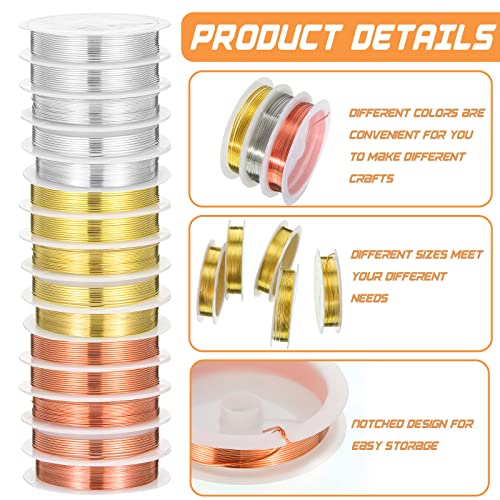 Mixweer 15 Pcs 5 Size Copper Wire 18 20 22 26 32 Gauge Tarnish Resistant Jewelry Wire for Jewelry Making 121 Yard Metal Beading Crafting, Rose Gold, Silver and Gold - color: Rose Gold, Silver and Gold