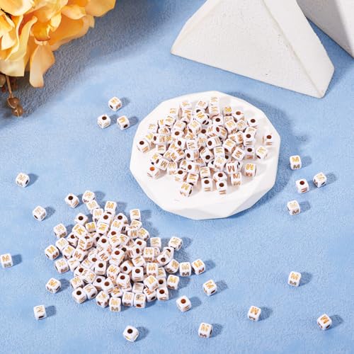FASHEWELRY 500Pcs White Golden Letter Beads 4.5mm Square Alphabet Beads Acrylic Cube Letter M Beads for Friendship Bracelet Necklace Keychains Jewelry Making - color: Letter M