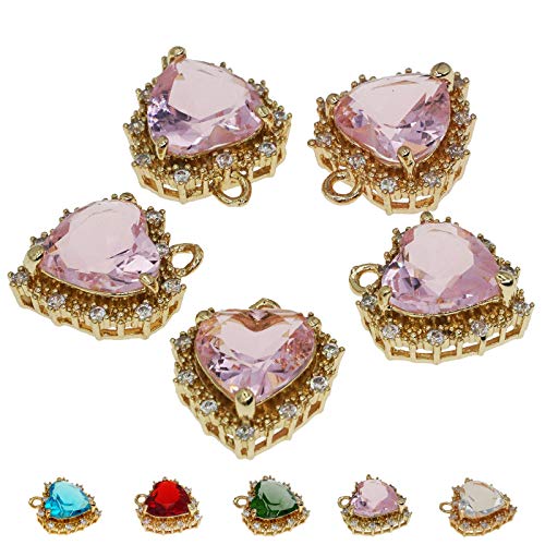 Crystal Zirconia Gold Plated Brass Charms for Jewelry Making Bracelet Necklace Earring Pendant Craft Supplies DIY Accessories - color: HeartA-Pink-5Pcs