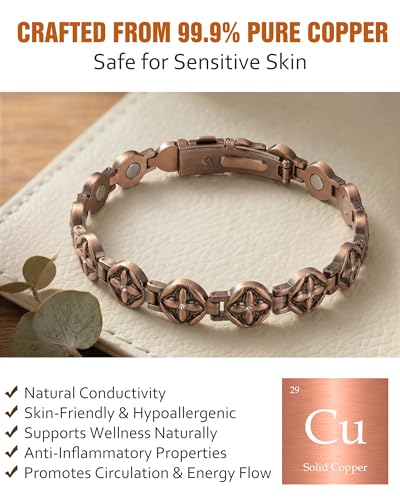 Jecanori Pure Copper Bracelet for Women,Copper Magnetic Bracelet With 3500 Gauss Magnets, Adjustable Jewelry Gift with Sizing Tool - color: Flower