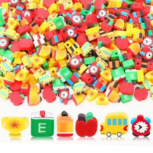 300pcs Back to School Polymer Clay Beads, Apple Pencil School Bus Spacer Beads for Jewelry Making First Day DIY Bracelet Necklace Accessories Craft Welcome Back to School Party Supplies - color: Red Green Yellow