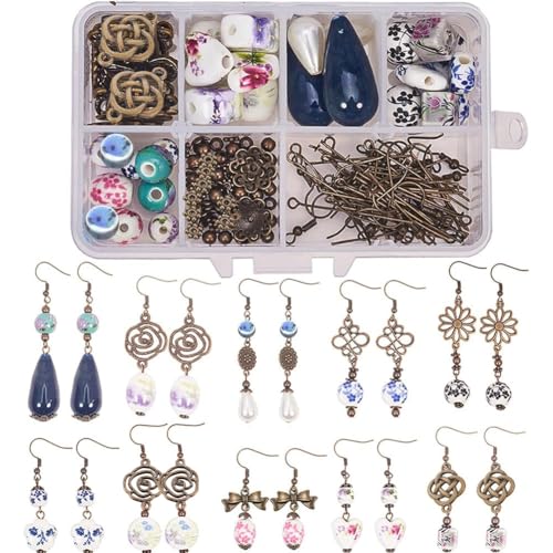 SUNNYCLUE 1 Box DIY 10 Pairs Porcelain Earring Making Starter Kit with Porcelain Beads, Spacer Bead, Earring Hooks Jewelry Arts Craft Supplies Findings for Beginners Women Gift, Instruction