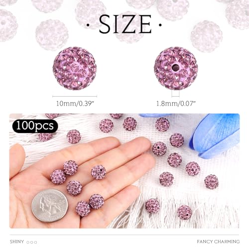 100 Pcs Light Purple Rhinestone Beads for Jewelry Making, Sparkle Crystal Clay Christmas for Bracelet Baseball Necklace Earring Crafting and DIY, Shiny Round Shamballa Disco Ball Beads Bulk - color: Light Purple, size: 100 pcs