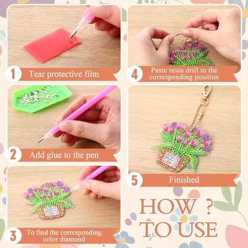 Huquary 24 Pcs Mother's Day Diamond Art Painting Keychains Kits 5D DIY Diamond Art Mother's Day Crafts Pendant Ornaments for Mom Grandma Flower Basket Mom and Child Charms for Birthday Decorations - style: Mom