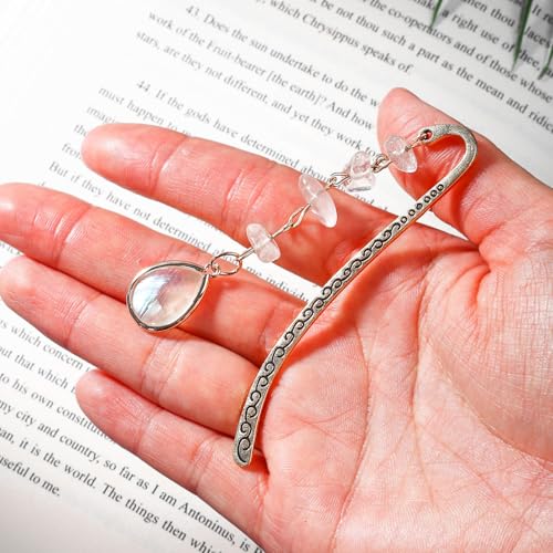 Vintage Metal Bookmark Pendant with Opal Drop Shell&Clear Quartz Crystal Stones Bead Chain-Elegant Opal Bookmarks for Women,Men,Book Lovers,Teachers and Girls(Silver) - style: Silver