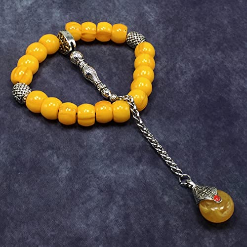 Simple Designed Natural Stone Worry Beads - Prayer Beads Tesbih-Tasbih-Tasbeeh-Misbaha-Subha-Sebha-Sibha-Rosary (Yellow Resin Drum -13X9 mm- 19 Big Beads) - color: Yellow Resin Drum -13X9 mm- 19 Big Beads