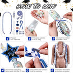 Graduation Candy Lei Making Kit Class of 2026 DIY Lei PE Bags Tubing Money Leis 2026 Graduation Ribbon Necklace Include 2 x 5 ft PE Bags 90 Pcs Flower Accessories for Grad Party Supplies (Blue, White) - color: Blue, White
