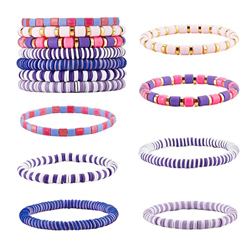 Ornaland 7Pcs Handmade Polymer Clay Heishi Surfer Stretch Bracelets Set Colorful Glass Beads Bracelets Boho Stackable Preppy Bracelets Wrist Jewelry for Women - color: purple pink