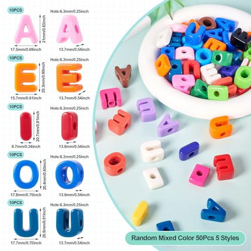 Cheriswelry 50Pcs Acrylic Letter Beads Large Hole European Bracelet Bead Vowel Alphabet Loose Spacer Beads 19.8-21mm for DIY Craft Necklace Keychain Making Hole:6.3mm - color: 10 Color