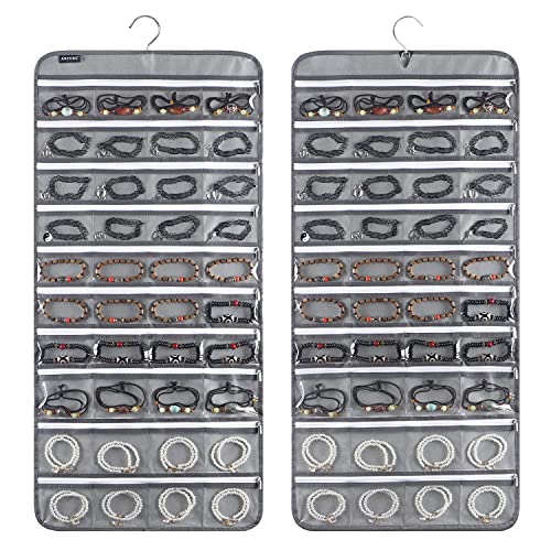 80 Zippered Pockets Hanging Jewelry Organizer for Holding Jewelries Dual-Sided Accessory Display Holder for Earrings Bracelets Rings (80 Zippered Pockets-Grey) - color: 80 Zippered Pockets-Grey