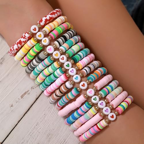 Friendship Bracelets Boho Stackable Bracelets for Women Surfer Heishi Clay Bead Bracelets Stretch Preppy Bracelets Colorful Boho Bracelets for Women - color: 15pcs heart