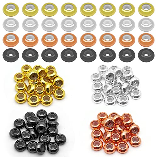 80pcs 8mm Stopper Beads with Rubber Inside Flat Round Rondelle Spacer Beads Adjustable Slider Clasps Round Beads Positioning Spacer Beads for DIY Bracelet Necklaces Jewelry Makings(2mm Hole,4Colors) - color: Gold,silver,rose gold,gun black