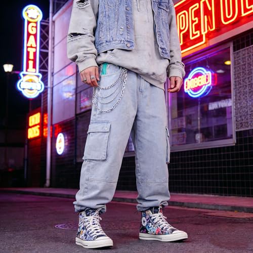 Layered Punk Pants Chain for Men Women, Gothic Hip Hop Jean Chain Wallet Chain Biker Trouser Chain, Goth Emo Fashion Keychain Accessories - color: 4L-Silver Chain