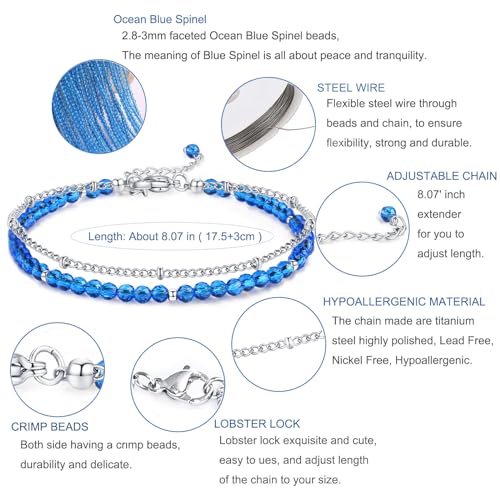 Peridot Stand Silver Gold Bracelets, Handmade Birthstone Stack Bracelet Crystal Gemstones Bead Chain Gift for Women, 8" - color: Silver-12-Sea Blue Spinel