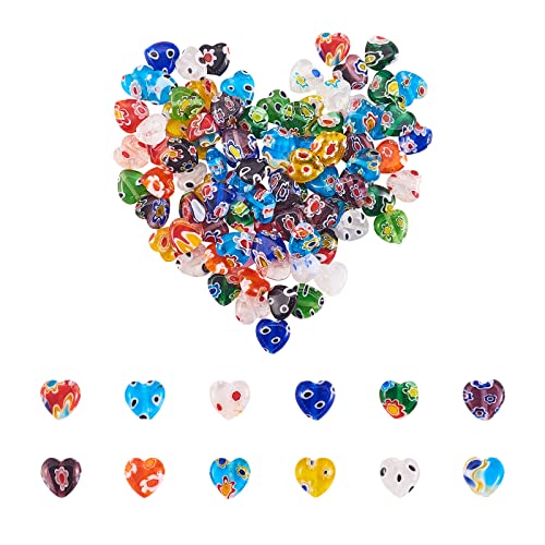 UR URLIFEHALL 96 Pcs Lampwork Millefiori Glass Beads Flat Heart Spacer Beads for DIY Jewelry Bracelet Neclace Memorial Day Birthday Gift - color: 96pcs-8x8x3mm-heart millefiori beads