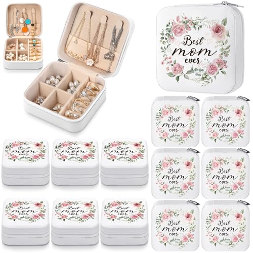 Kacctyen 12 Pieces Best Mom Ever Mini Travel Jewelry Case Bulk Mother's Day Church Gifts Watercolor Flowers Women Party Favor Gift for Secretary Girls Leather Travel Jewelry Case - color: Green Leaves and Flowers