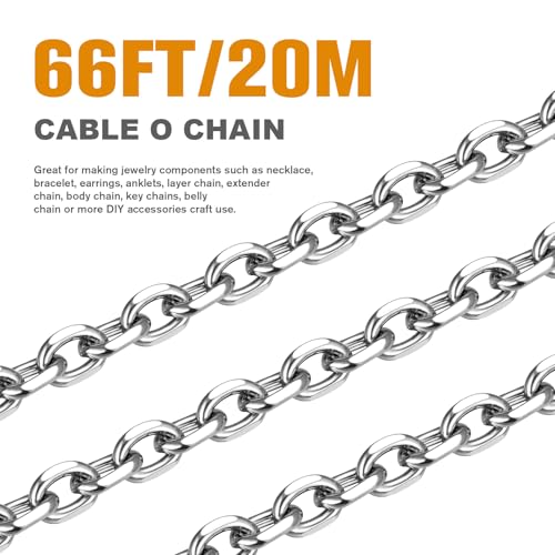 66 Feet Stainless Steel Rolo Cable Chain Bulk, 3.0mm 304 Stainless Steel Diamond-Cut Oval Rolo Cable Link Chains Roll Spool for Jewelry Making - color: Stainless Steel, size: 3.0mm width