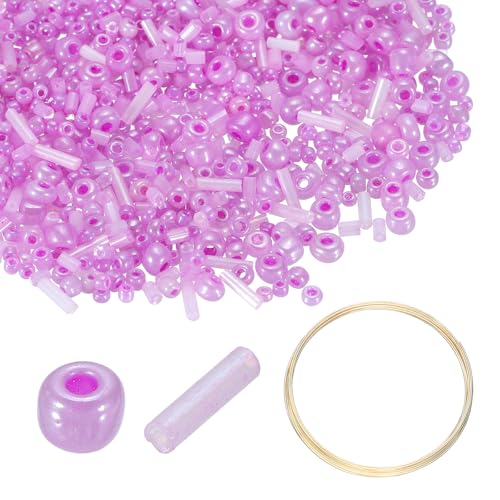 uxcell 3000pcs Glass Seed Beads, 1.5-4.5mm Small Embroidery Bugle Beads Assorted Tube Bead Loose Kit for Jewelry Making DIY Craft Beading Bracelets Necklace Earring (Purple) - color: Purple