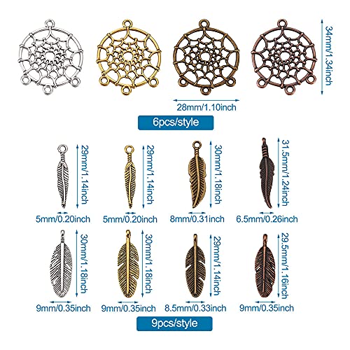 96pcs Alloy Dreamcatcher Pendant Charms Tibetan Antique Color Metal Woven Net Chandelier Components Links Feather Arrow Dangle Charms for DIY Bracelet Necklace Jewelry Crafts Making Hole: 1.6-3mm - color: 4 Colors, Dream Catcher