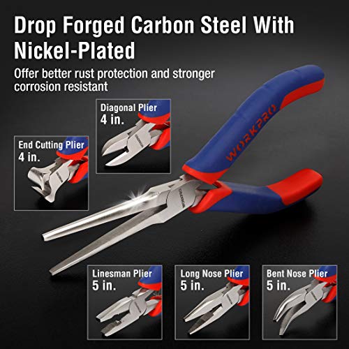 WORKPRO 6-piece Mini Pliers Set - Needle Nose, Diagonal, Long Nose, Bent Nose, End Cutting and Linesman, for Making Crafts, Repairing Electronic Devices, with Pouch - color: Blue