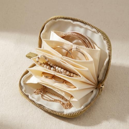 Travel Jewelry Case, Soft Velvet Organizer Pouch with 5 Compartments & Tassel Zipper, Anti-Scratch Jewelry Bag Storage Holder for Bangle Bracelets Earrings Necklace, Women Gifts - color: Grass Green