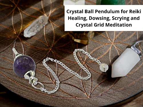 Amazing Gemstone Amethyst Crystal Ball Pendulum for Divination - Dowsing Pendulum Necklace with Chain and Quartz Bead for Reiki Healing and Crystal Grid Meditation - color: Amethyst