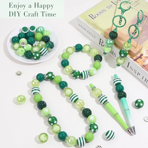 35 Pcs Chunky Bubblegum Beads 20mm Focal Pen Large Rhinestone Pearl Bead with Rhinestone Large Hole European Spacer Bead for DIY Beadable Pen School Jewelry Making Keychain Craft Making(Green) - color: Green