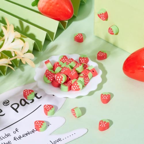 50PCS Handmade Polymer Clay Beads Strawberry Shape Red Loose Beads Fruit Theme Spacer Beads for DIY Bracelet Necklace Earring Charm Jewelry Making Hole 1.6mm - color: Strawberry # Red