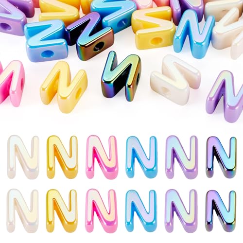 Beadthoven 20pcs Big Letter N Beads Large Hole Bubble Alphabet Acrylic Beads Charm Iridescent Plastic N Shape Loose Chunky Spacers for Jewelry Making Bracelet Necklace Keychains Shoelaces Crafts - color: N