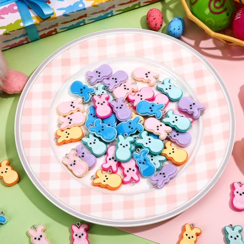 Augshy 64 Pcs Easter Bunnies Charms Resin Rabbit Beads Rabbits Ornament Pendant for Easter DIY Craft Bracelet Necklace Jewelry Making - style: Easter Style