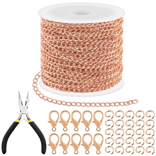 Tanstic 102Pcs 30 Feet Jewelry Making Chains Necklace Chains Bulk Cable Link Chain with 50Pcs Jump Rings, 50Pcs Lobster Clasps, Pliers for Bracelet Necklace Making(Rose Gold) - color: Rose Gold