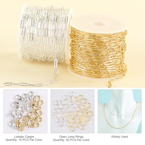 Kyutong 2 Rolls Paperclip Chain for Jewelry Making 32.8 Feet Jewelry Chain Links Silver and Gold Chains Bulk with Lobster Clasps and Jump Rings for DIY Craft Finding Jewelry Making Supplies - color: 2.8×7.6 Paperclip Chain