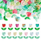 Glass Leaf Beads Crystal Glass Leaf Charms Transparent Leaves Pendants Tiny Green Leaf Bead Caps for Christmas Earring Bracelet Jewelry Making DIY Keychain Craft - color: Tulip & Heart