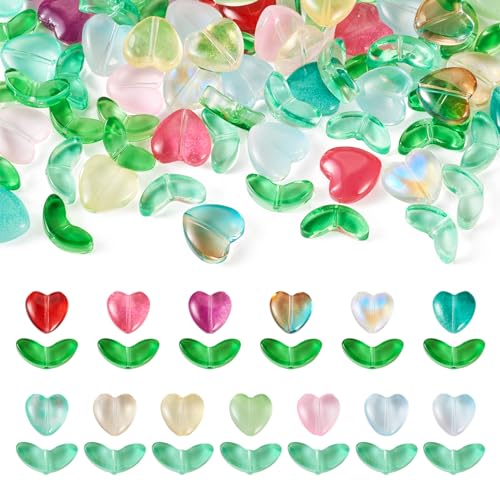Glass Leaf Beads Crystal Glass Leaf Charms Transparent Leaves Pendants Tiny Green Leaf Bead Caps for Christmas Earring Bracelet Jewelry Making DIY Keychain Craft - color: Tulip & Heart