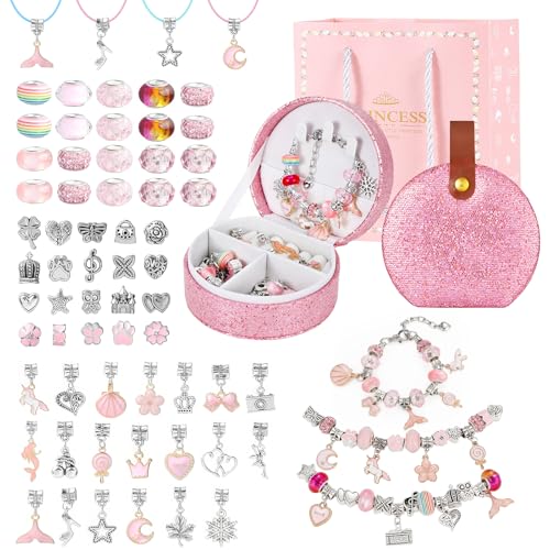 Emibele Girls Charm Beads Bracelet Making Kit with Portable Jewelry Box, Jewelry Making Kit for Kids Age 5 6 7 8-12, DIY Arts Crafts Toys for Teens Girls Gift Choices on Birthday Valentines Christmas - color: A-Pink