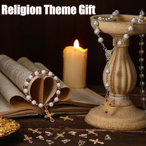 200 Pcs/ 100 Sets Rosary Making Kits Supplies Cross and Center Medal Charm Alloy Picture Religious Charms Crucifix Pendant for DIY Jewelry Making Prayer Bracelet Necklace Earring