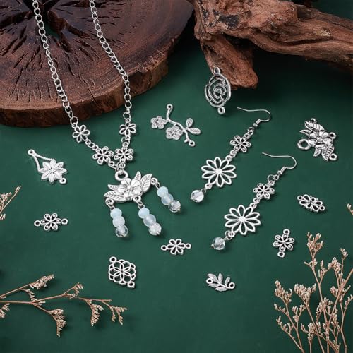 PH PandaHall 96pcs 12 Styles Flower Charms, Flower Connectors Links Pendant Metal Filigree Charms Jewelry Connector for Dangle Earrings Bracelets Necklaces Crafts Making, Antique Silver