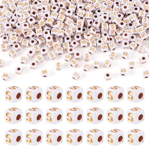 FASHEWELRY 500Pcs White Golden Letter Beads 4.5mm Square Alphabet Beads Acrylic Cube Letter S Beads for Friendship Bracelet Necklace Keychains Jewelry Making - color: Letter S