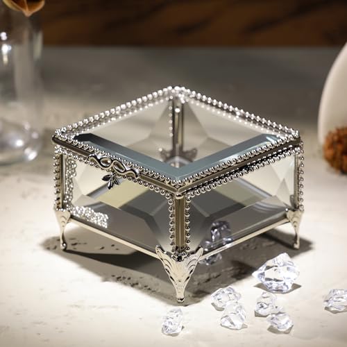 Glass Vintage Jewelry Box Keepsake storage Trinket Ring Display Box Home Decor Beveled Clear Glass Box Organizer(3.3x3.3x2.3Inches) - color: Silver