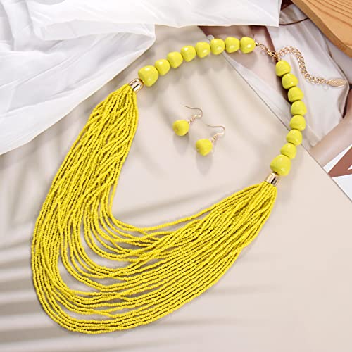 Bocar Necklace for Women, Multi Layer Statement Necklace, Long Chain Chunky Bib Seed Beads Necklace, Necklace Earring Set for Women Gift (NK-10693) - color: Yellow