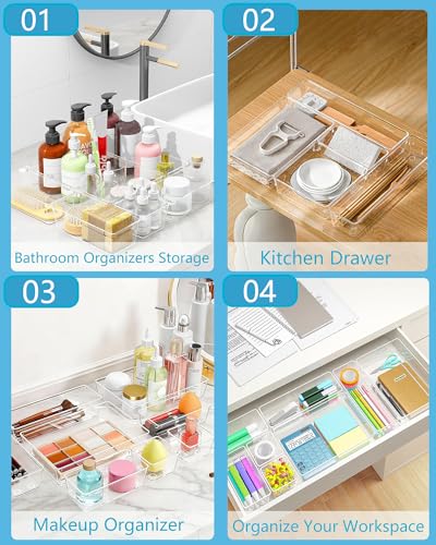 44 Pcs Makeup Drawer Organizer Set, 4 Sizes Versatile Vanity Drawer Organizer for Makeup, Non-Slip Desk Organizer Trays for Bathroom, Bedroom, Office, Fits Jewelry and Office Supplies - size: 44Pack