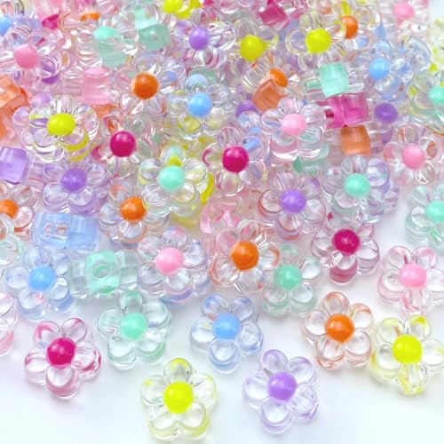 150Pcs Acrylic Flower Beads Candy Color Transparent Plastic Pastel Spacer Beads with Hole for DIY Crafts Wind Chimes Suncatcher Necklaces Bracelets Earrings Jewelry Making(Light Mixed Color) - color: Light Mixed Color