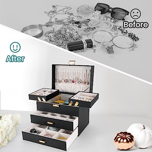 Dajasan Jewelry Organizer Box, Large Jewelry Boxes for Women Girls, Space-Saving 4 Layers Jewelry Storage Case with Drawer, Movable Metal Stand, Modern, Gift Idea (Black + Gold) - color: Black + Gold