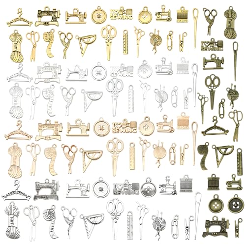 50/100 pcs Enamel Charms, Alloy Flowers Heart Sewing Butterfly Themed Charm Pendants for Jewelry Making, Assorted Gold Plated Dangle Charms for DIY Necklace Bracelet Earring Craft - color: Sewing Tool - 100 pcs