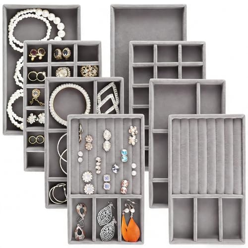 Jewelry Trays,Grey Velvet Stackable Organizer Trays,Drawer Inserts Jewelry Display Case For Rings Stud Necklaces Earring Organizer Tray for Women Girls-8 Pack - color: Grey